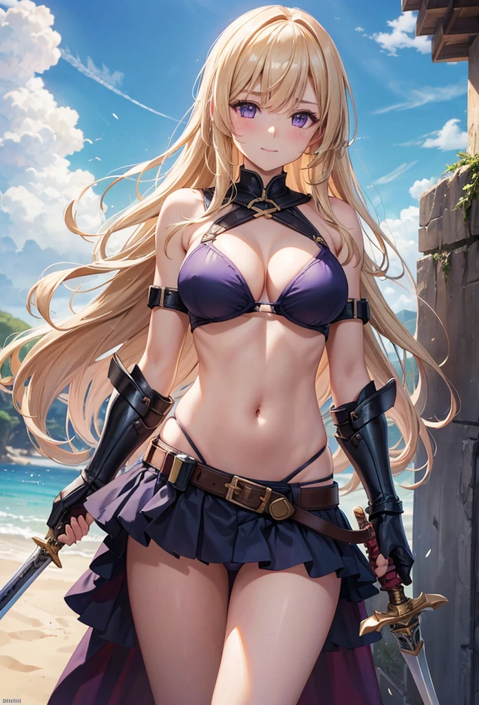 slender, mature female, rating:safe, 1girl, breasts, cloud, sky, armor, day, smile, navel, long_hair, blue_sky, large_breasts, solo, outdoors, cleavage, looking_at_viewer, weapon, blonde_hair, bikini_armor, closed_mouth, bangs, bikini, cloudy_sky, belt, swimsuit, parted_bangs, wavy_hair, cowboy_shot, blush, stomach, panties, shoulder_armor, underwear, purple_eyes, eyebrows_visible_through_hair, holding, gauntlets, sword, gloves, sunlight, standing, brown_eyes, shield, hair_intakes, holding_weapon