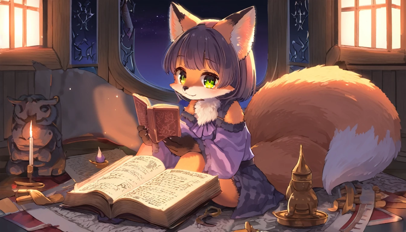 1girl, kemono, fox, furry, detailed body fur, animal face, animal hand, reading grimoire, sitting, twilight, looking at viewer,