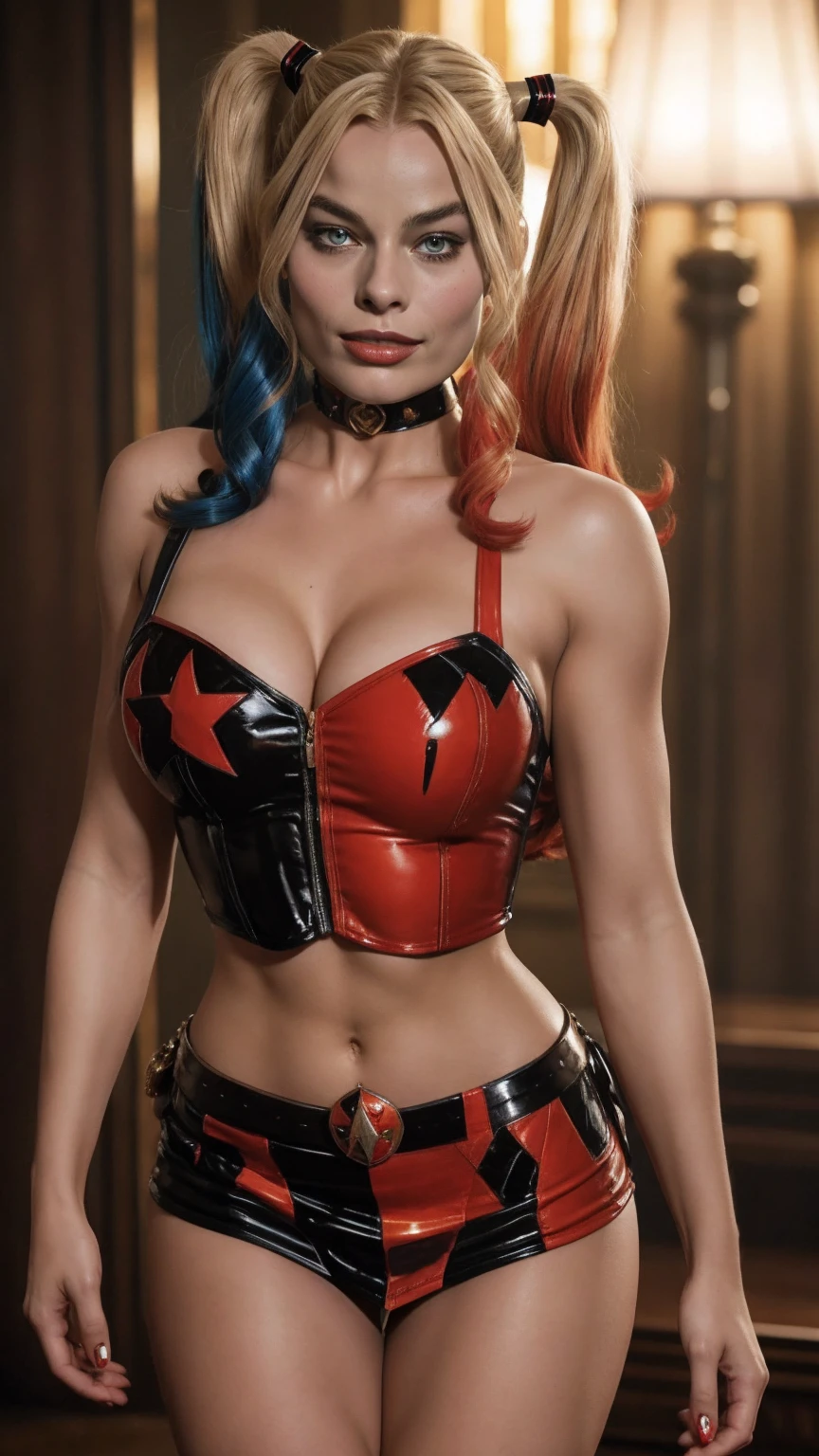 Harley Quinn with big size 5 breasts, Big bust, mini skirt.face Margot Robbie