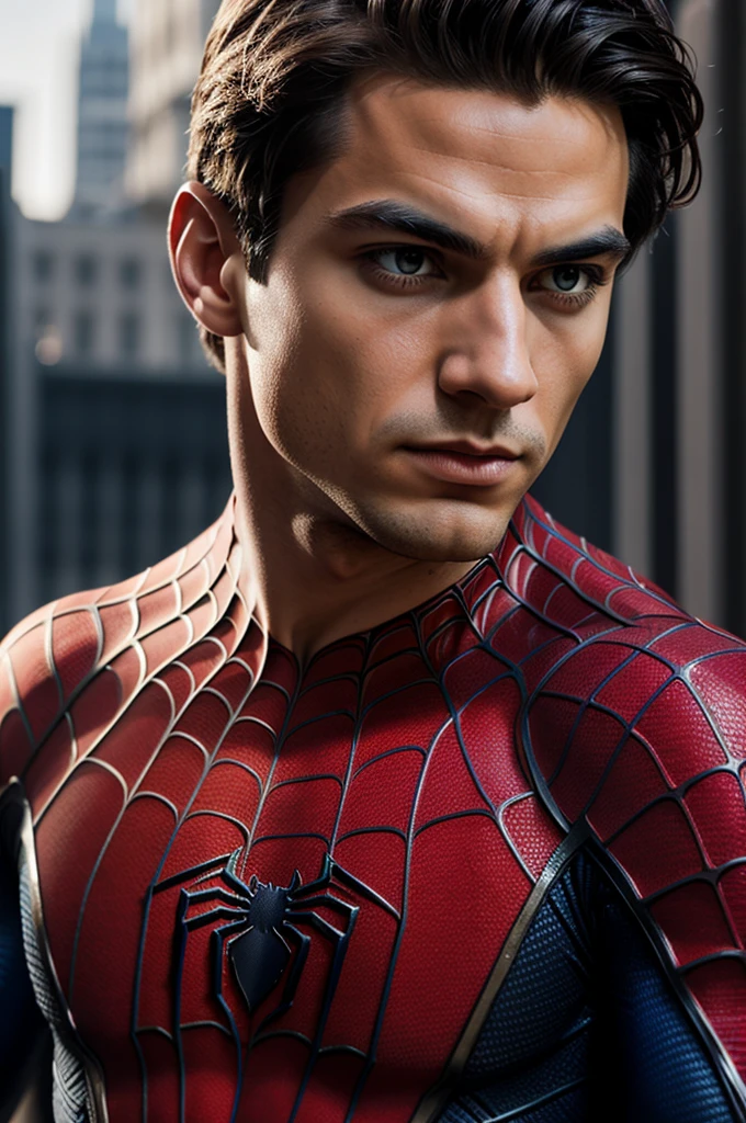 A photograph of Spider-Man., sin mascara, the 20s, elegant, detailed face, looking to the camera, portrait, 8k hd, high quality