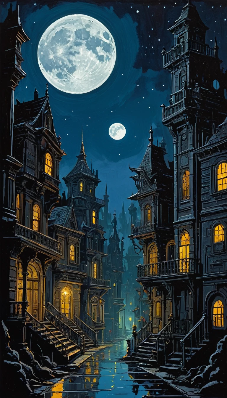 vampire city:1.5, night, stars, moon, lots of details(Mike Mignola inspired art, intricate details, oil painting)