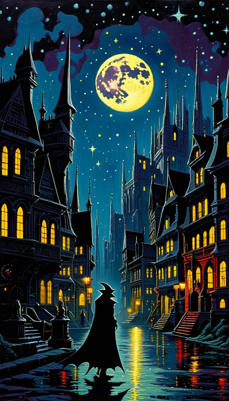 vampire city:1.5, night, stars, moon, lots of details(Mike Mignola inspired art, intricate details, oil painting)
