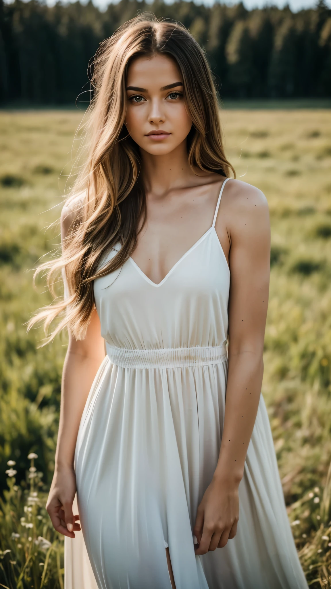 realistic body shot photo of sad finnish big long hair woman dancing in front of camera wearing long cotton dress, meadow, glamour photoshoot, perfect anatomy, Perfect eyes. Perfect hands with 5 fingers on each hand. fit girl, looking into the camera, strong hip:1.2, wide hip:1.3, 36 yo woman. (Eye makeup:1.1), (highly detailed skin:1.1), RAW, analog style, sharp focus, 8k UHD, DSLR, high quality, Fujifilm XT3, grain, award winning, masterpiece.