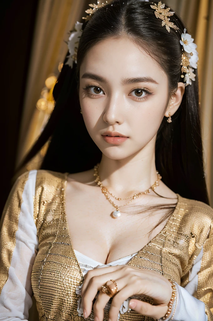 (best quality,4k,8k,highres,masterpiece:1.2),ultra-detailed,(realistic,photorealistic,photo-realistic:1.37), MMTD Burmese patterned traditional dress, beautiful lady wearing the dress, detailed eyes and face, long eyelashes, wear pearl necklaces and gold bracelets, soft natural lighting