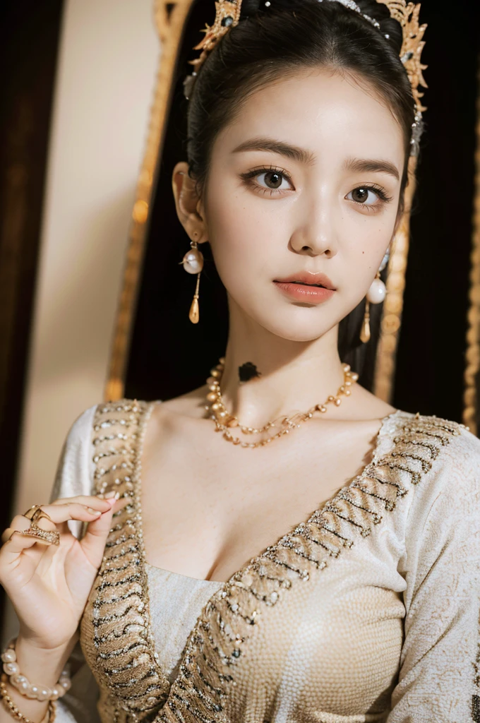 (best quality,4k,8k,highres,masterpiece:1.2),ultra-detailed,(realistic,photorealistic,photo-realistic:1.37), MMTD Burmese patterned traditional dress, beautiful lady wearing the dress, detailed eyes and face, long eyelashes, wear pearl necklaces and gold bracelets, soft natural lighting