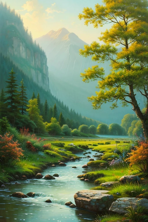 Highest quality、Landscape painting、Beautiful rainy scenery、nature、Mountain、forest、river