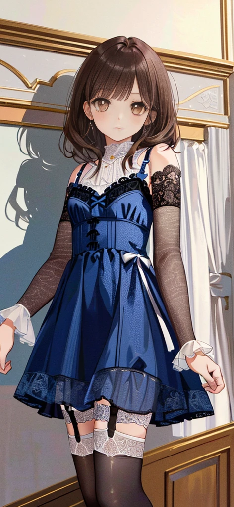 ((masterpiece)), ((best quality)), ((ultra detailed)), ((kawaii)), cute, (lovely), ((extremely detailed)), ((8K)), (beautiful), full body, luxury room, a cute girl, 1girl, solo, blue mini camisole dress,beautiful darkbrown hair, ((detailed beautiful brown eyes)), white-skinned, flat breast, tiny breast, garter belt,(garter stockings:1.4),pink eyeshadow