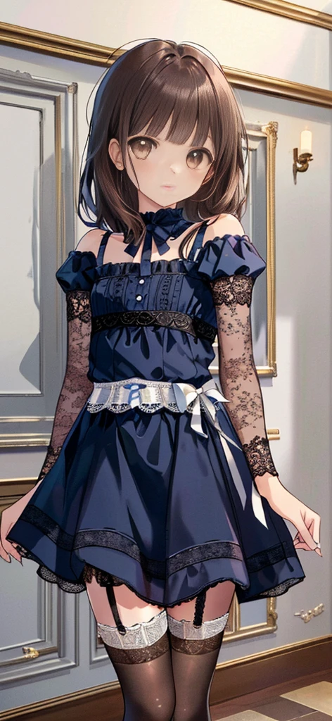 ((masterpiece)), ((best quality)), ((ultra detailed)), ((kawaii)), cute, (lovely), ((extremely detailed)), ((8K)), (beautiful), full body, luxury room, a cute girl, 1girl, solo, blue mini camisole dress,beautiful darkbrown hair, ((detailed beautiful brown eyes)), white-skinned, flat breast, tiny breast, garter belt,(garter stockings:1.4),pink eyeshadow