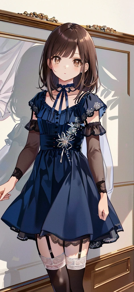 ((masterpiece)), ((best quality)), ((ultra detailed)), ((kawaii)), cute, (lovely), ((extremely detailed)), ((8K)), (beautiful), full body, luxury room, a cute girl, 1girl, solo, blue mini camisole dress,beautiful darkbrown hair, ((detailed beautiful brown eyes)), white-skinned, flat breast, tiny breast, garter belt,(garter stockings:1.4),pink eyeshadow