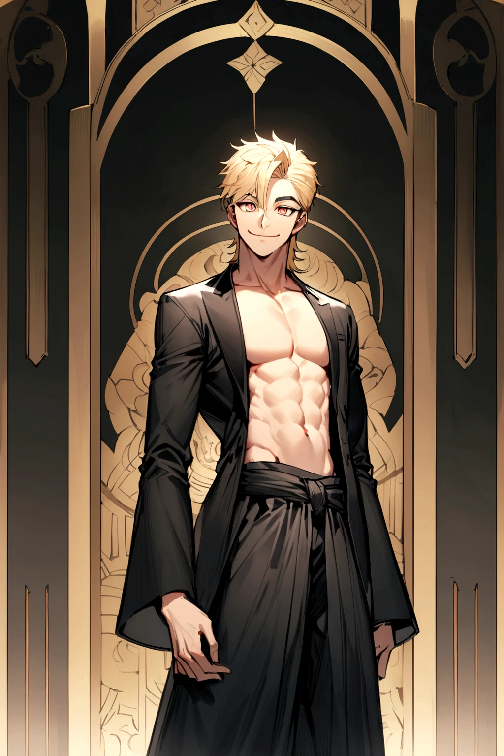 Indian boy ,black blazer, abdomen, wearing no shirt, Wide formal pants, mascle, hair blonde, medium length, perfect facial symettry, perfect nose, Beautiful Beautiful Smile, Almond Eyes and Korean. One mascle, standing alone, single person, smile cute. wolf cut. Single mascle, A person. Single Character , original body look