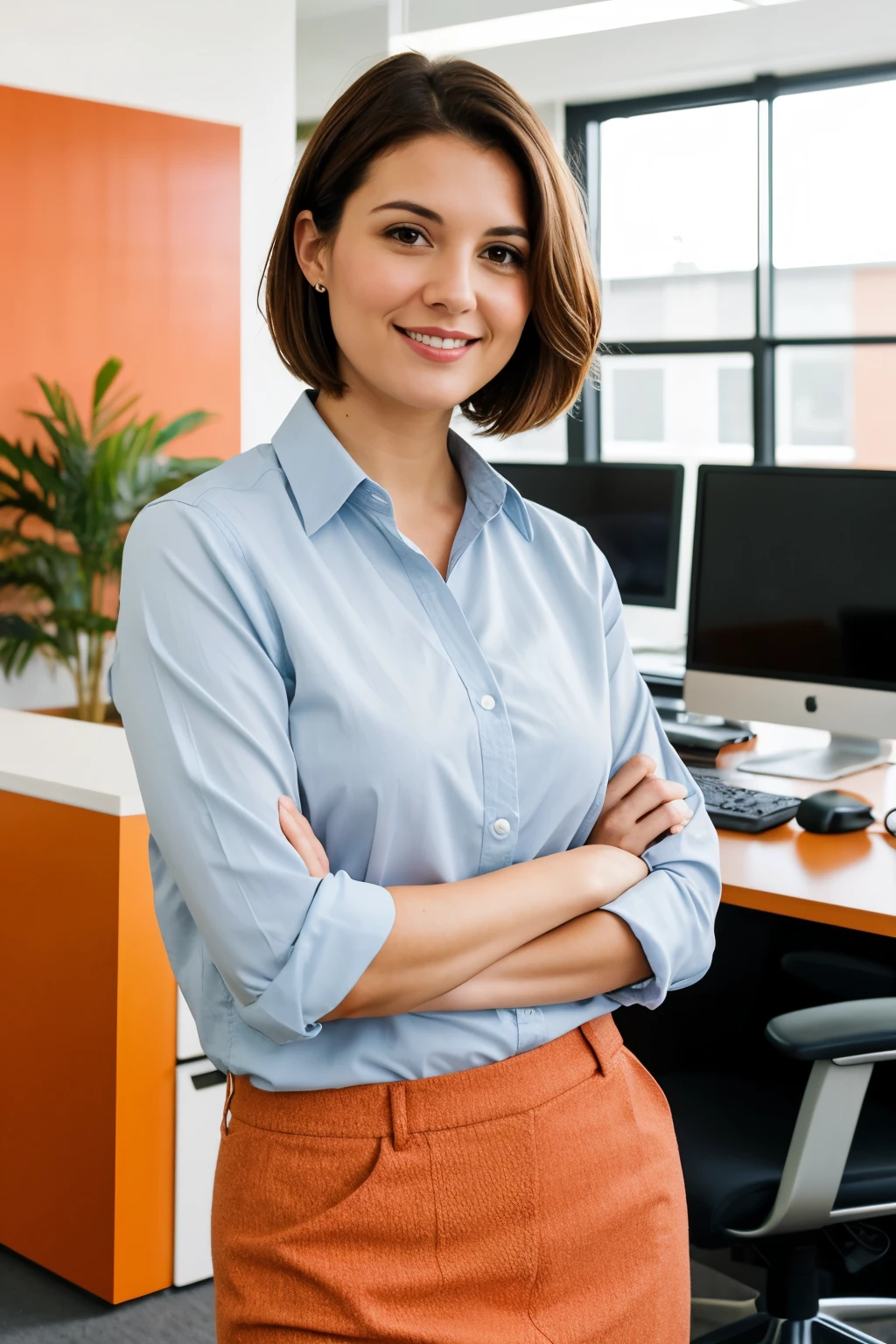 photo realistic office woman in her early thirties, with short brown hair wearing colourful casual clothes with a modern open plan office as the background