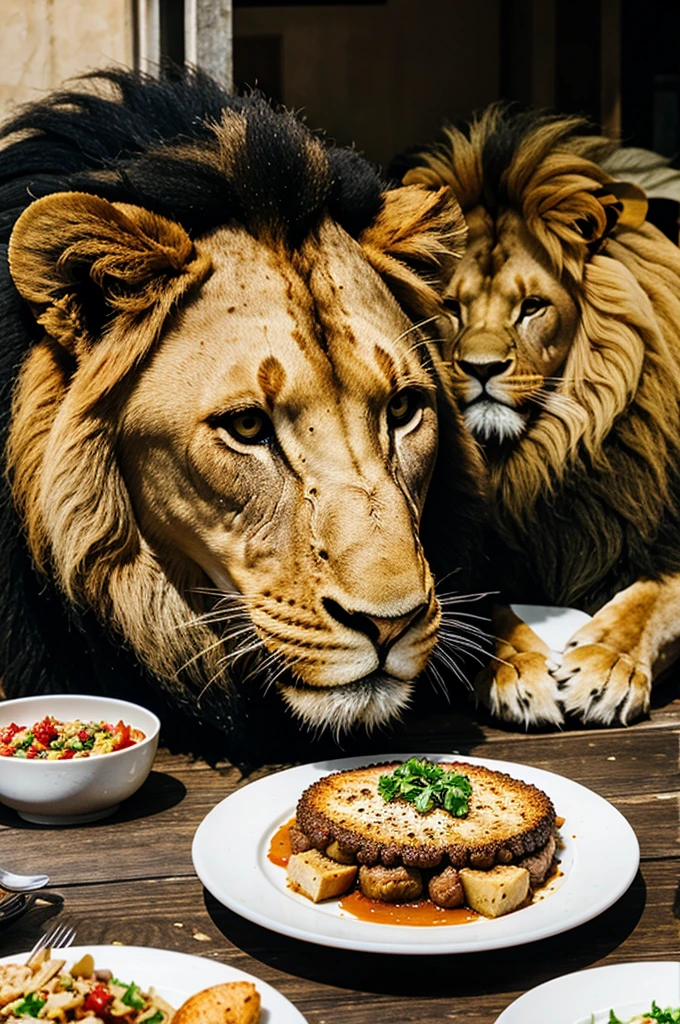 Lion eating food