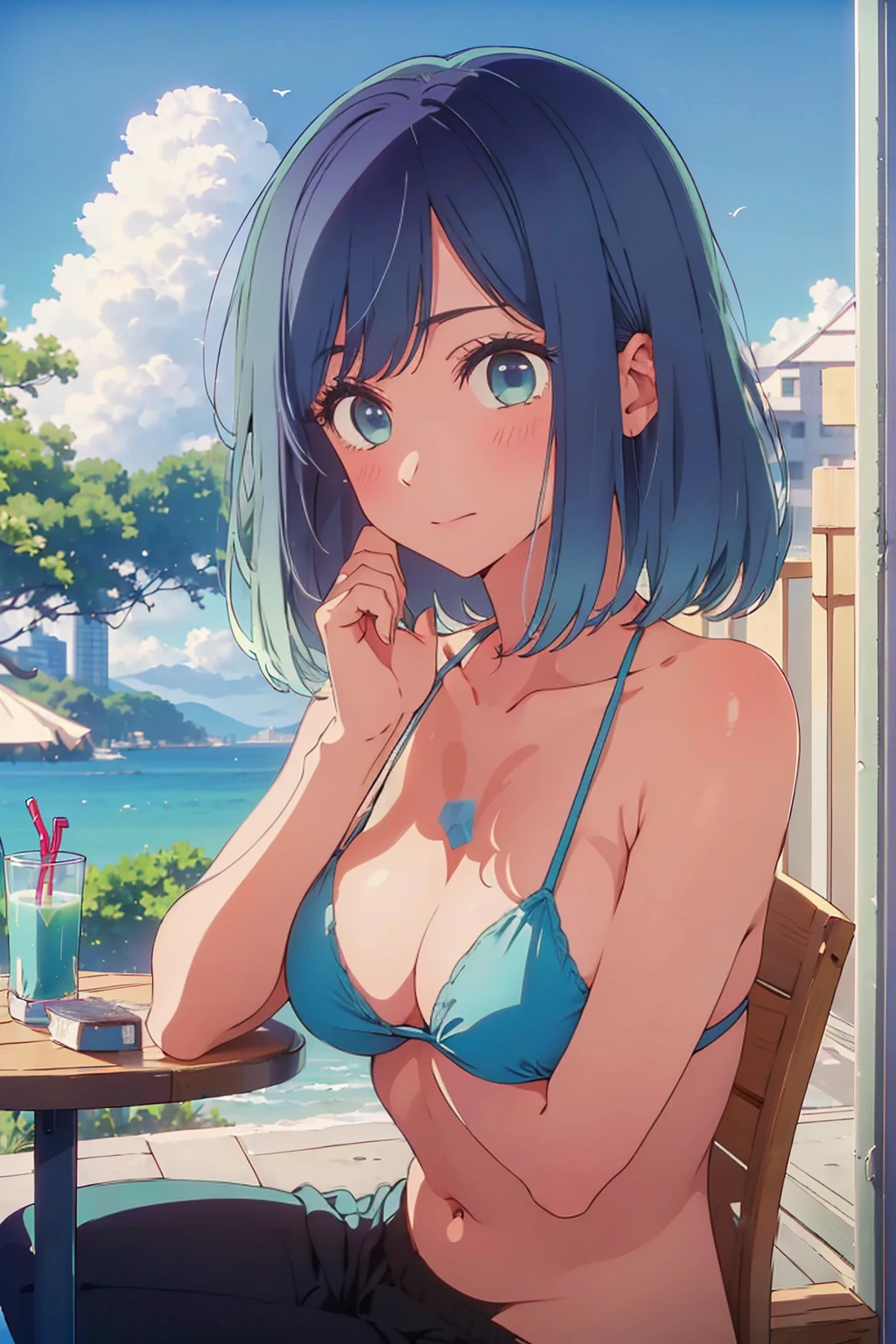 (Highest quality:1.4、8K:1.4、detailed)、F cup bust、Big Breasts、Slim body、Very white beautiful skin、((((1 person、Surprised expression、sit、Chair、In the background are the urban buildings of Tokyo、looking at the camera、Outdoor café terrace、coastal、Navy hair color、juice、Shooting up close、table、Very cute face))))、(Pose of putting hair behind ears with hands:1.4)、((nude、Areola))、Oversized Bikini、Very blue sky、A completely cloudless sky
