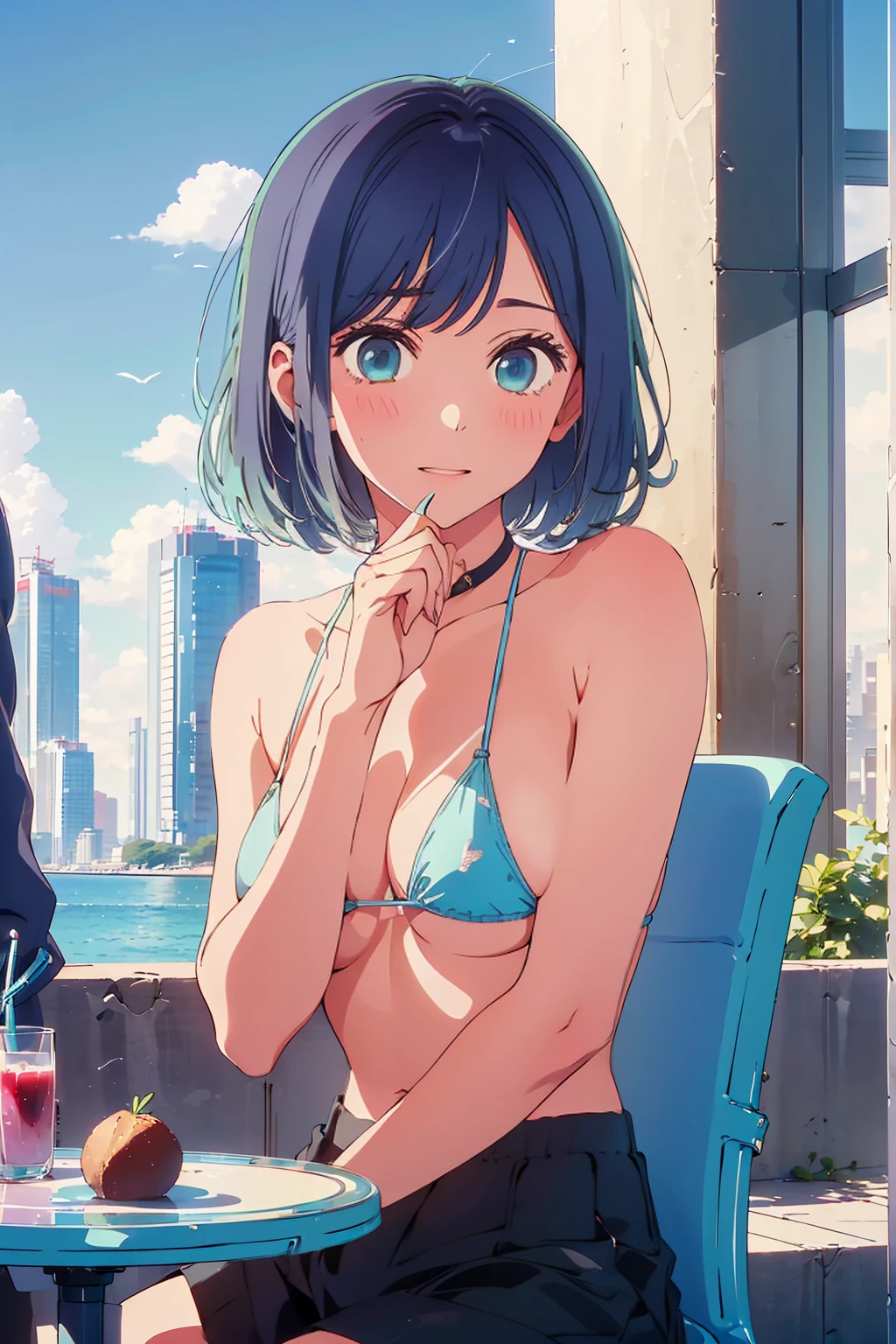 (Highest quality:1.4、8K:1.4、detailed)、F cup bust、Big Breasts、Slim body、Very white beautiful skin、((((1 person、Surprised expression、sit、Chair、In the background are the urban buildings of Tokyo、looking at the camera、Outdoor café terrace、coastal、Navy hair color、juice、Shooting up close、table、Very cute face))))、(Pose of putting hair behind ears with hands:1.4）、((nude、Areola))、Oversized Bikini、Very blue sky、A completely cloudless sky