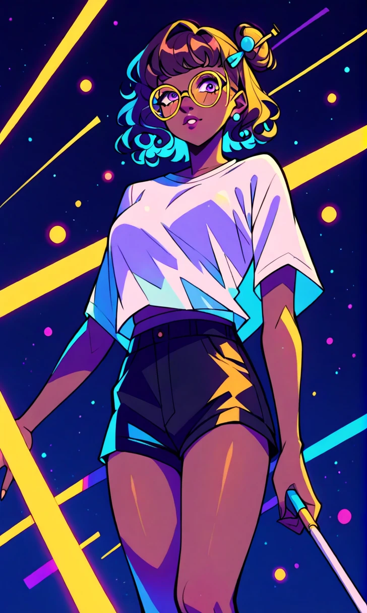 (score_9, score_8_up), score_7_up, score_6_up, score_5_up, score_4_up, 1girl, rim lights, brown skin, curly hair, short hair, hair pin, dark background, vibrant, white T-shirt with panda face design on it, black shorts, glasses,