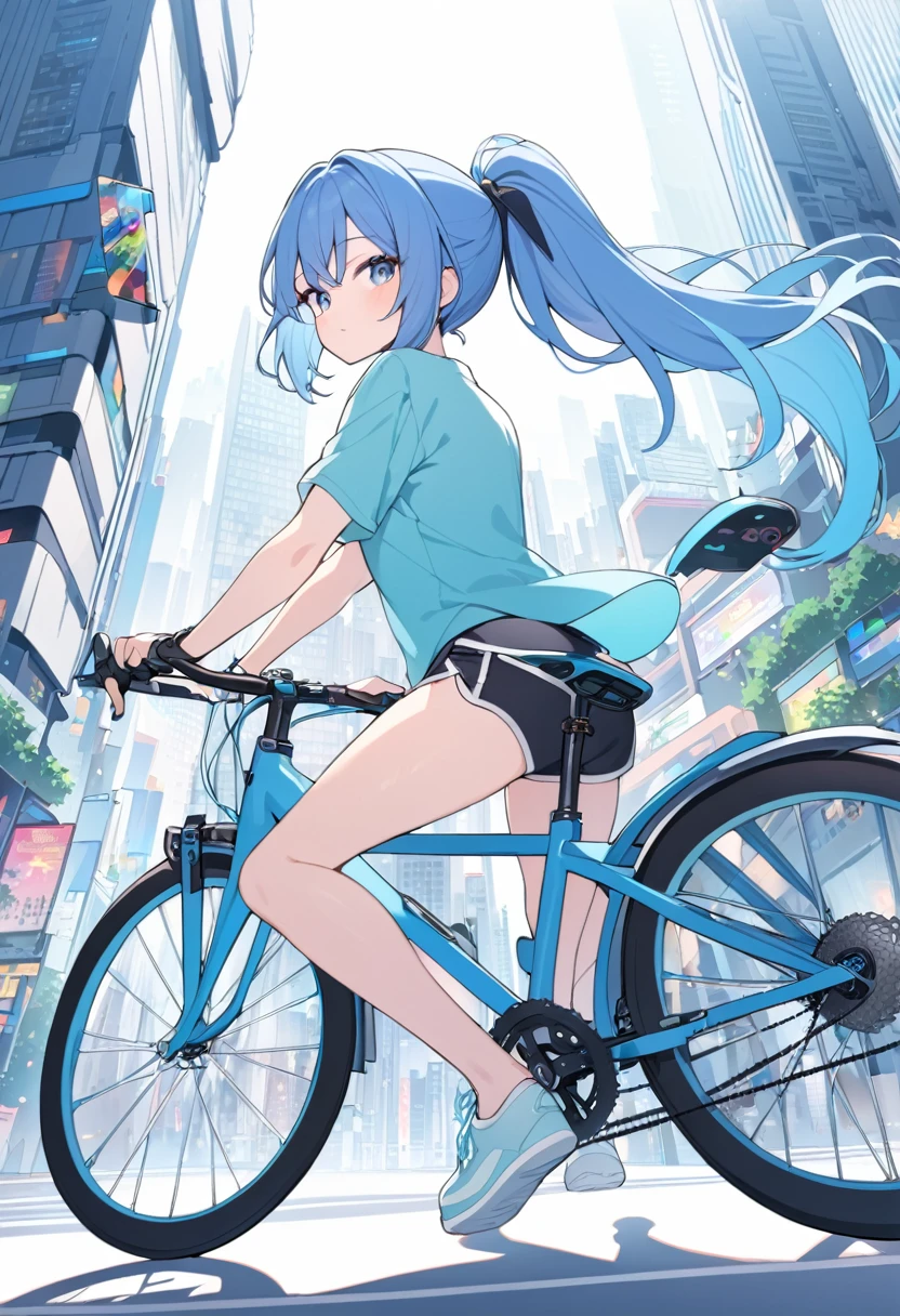 a girl sitting on top of bicycle, dolphin shorts, blue hair, ponytail, A futuristic cityscape