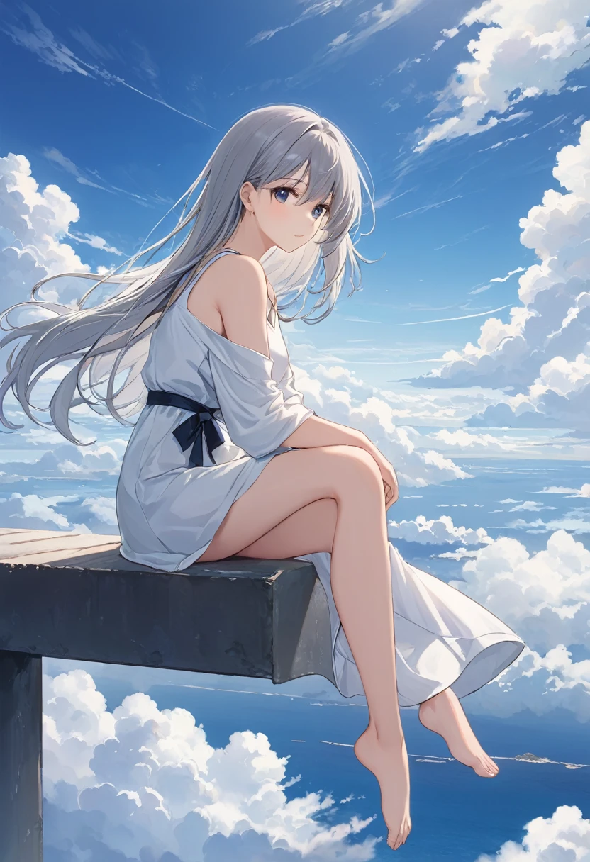 One Girl、Highest quality、masterpiece、A thin tower stretching high into the sky、Cylindrical tower、sea of clouds、blue sky、Sitting cross-legged、Hair blowing in the wind、Gray Hair、Girl staring into the distance、White clothes、barefoot、Cowboy Shot、sea of clouds