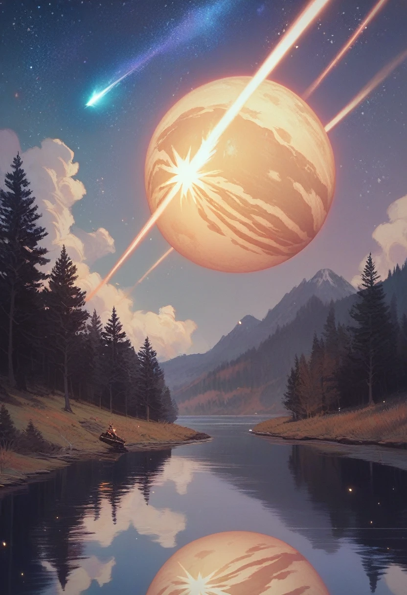 Realism, digital drawing, a ((massive) star shaped meteor) crashing into the middle of a lake, (midnight), galaxy in the sky, dark colors, a star shaped meteor in the middle of the lake