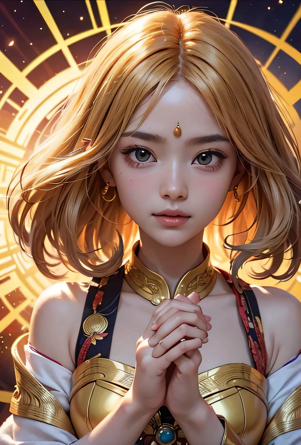 "Child of the Sun, Goddess of Love": Within a sacred sanctuary bathed in sunlight, depict the figure of a sun goddess who governs love, facing forward and emanating divine radiance. She is a , around 3 years old. Zoom in to focus on her face, with a gleaming orb of light in her hands, representing the life-giving power of the sun. Her hair is shimmering gold, and she is wearing a traditional miko outfit as seen in Japanese shrines. The background should be predominantly gold, evoking a sense of divine splendor, with numerous heart-themed objects expressing the beauty of love. The setting is in heaven, enveloped in soft, bright light, where one can find tranquility and peace of mind, free from any trace of anxiety.