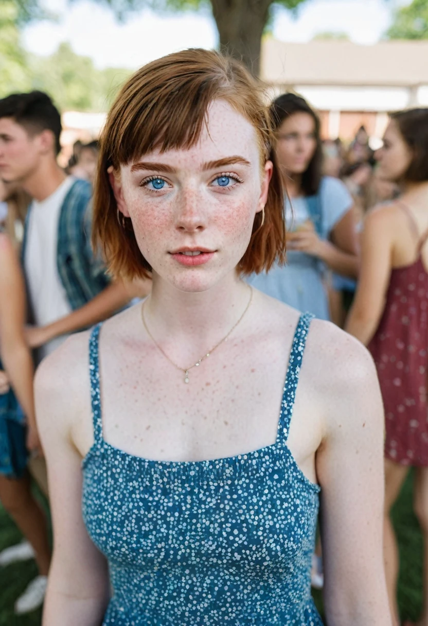 Muscular college girl with blue eyes, pale skin and freckles with short hair and half of her head shaved wearing a sundress at a college party