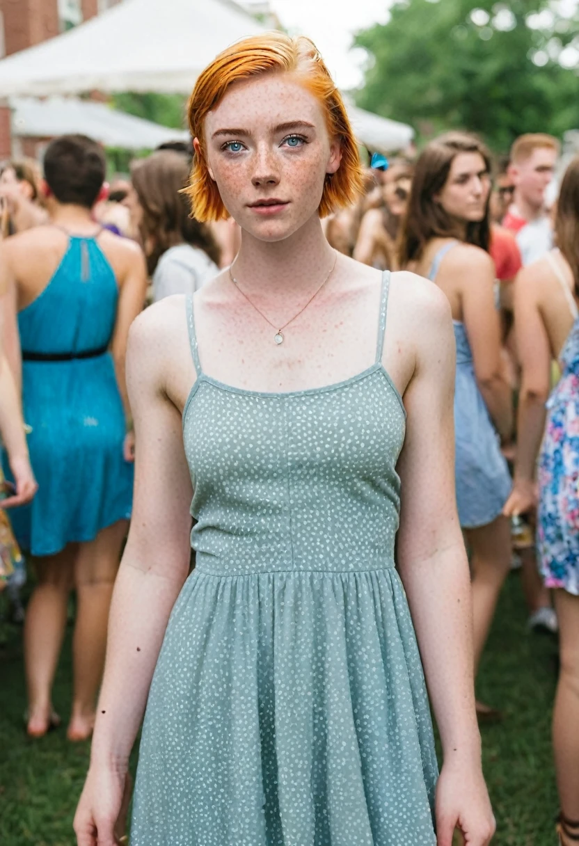 Muscular college girl with blue eyes, pale skin and freckles with short hair and half of her head shaved wearing a sundress at a college party 