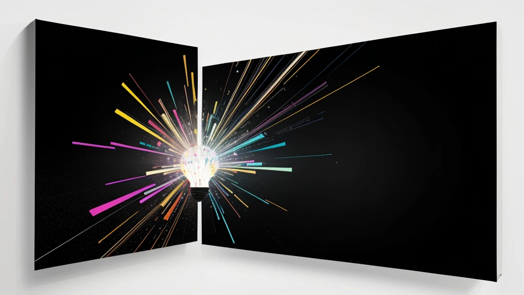 1 light bulb explodes with colorful paint, A light bulb shattering with vivid splashes of paint flying out, crisp and precise intertwining like modern architecture, set against a stark black background, minimalistic and futuristic, evoking feelings of innovation and growth, Illustration, Creative digital illustration with Adobe Illustrator-Generative AI