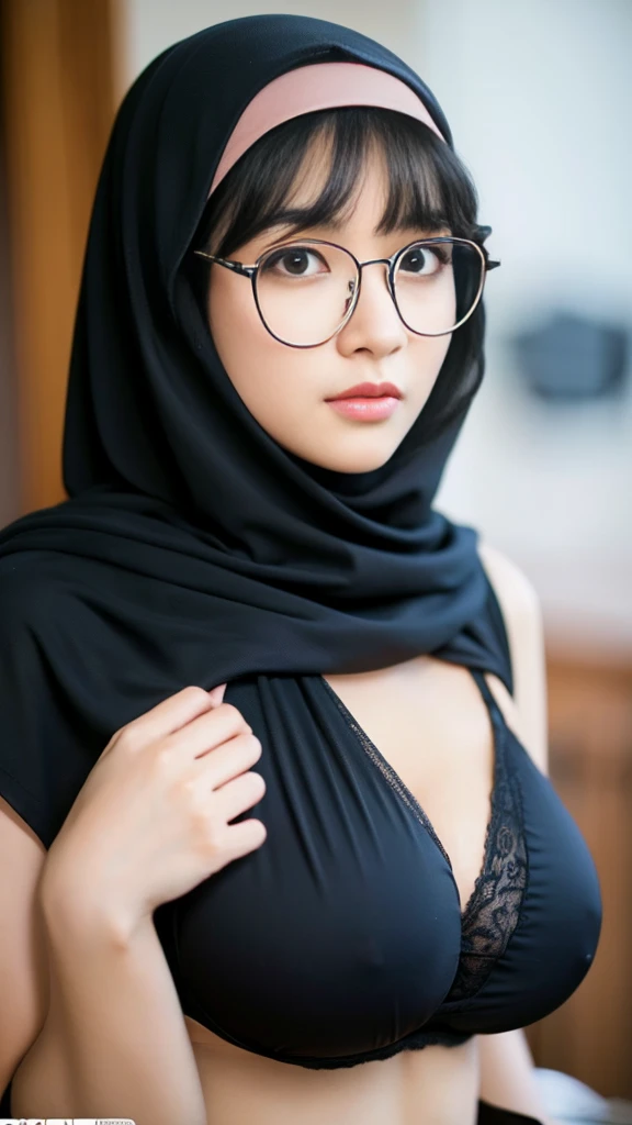 A very beautiful Asian woman wearing a long black hijab with big breast with Round glasses