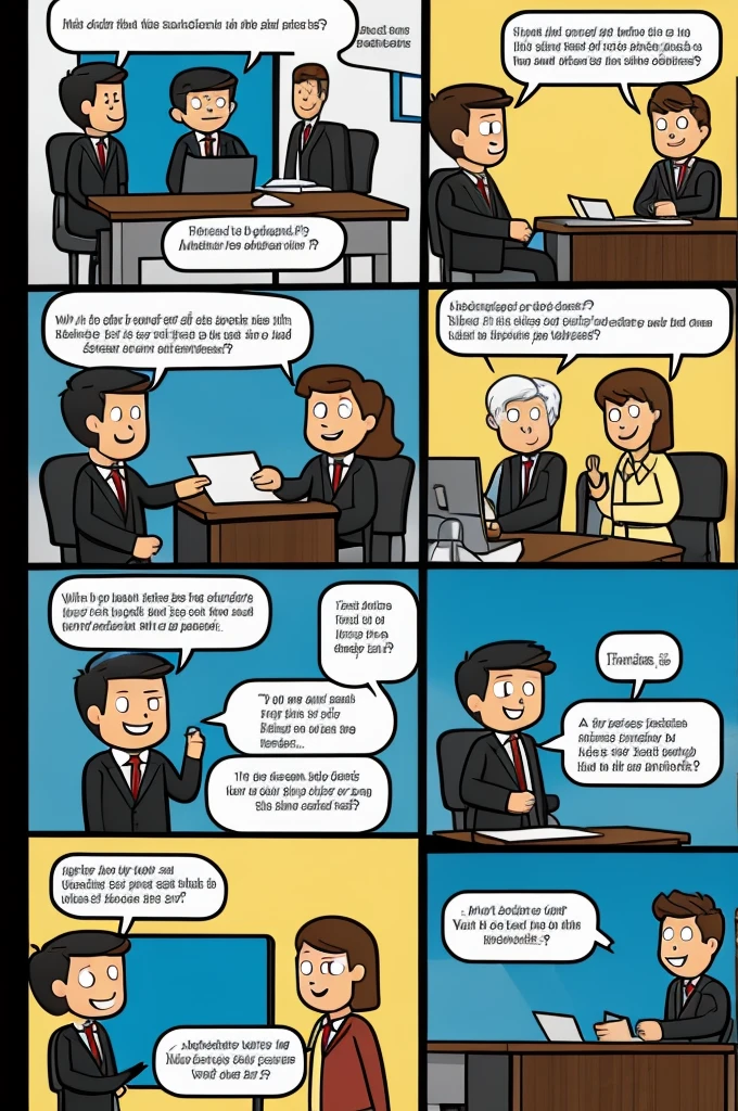 a comic, consisting of 11 pictures, detailed, In English, interactive lesson, where students are taught business negotiations