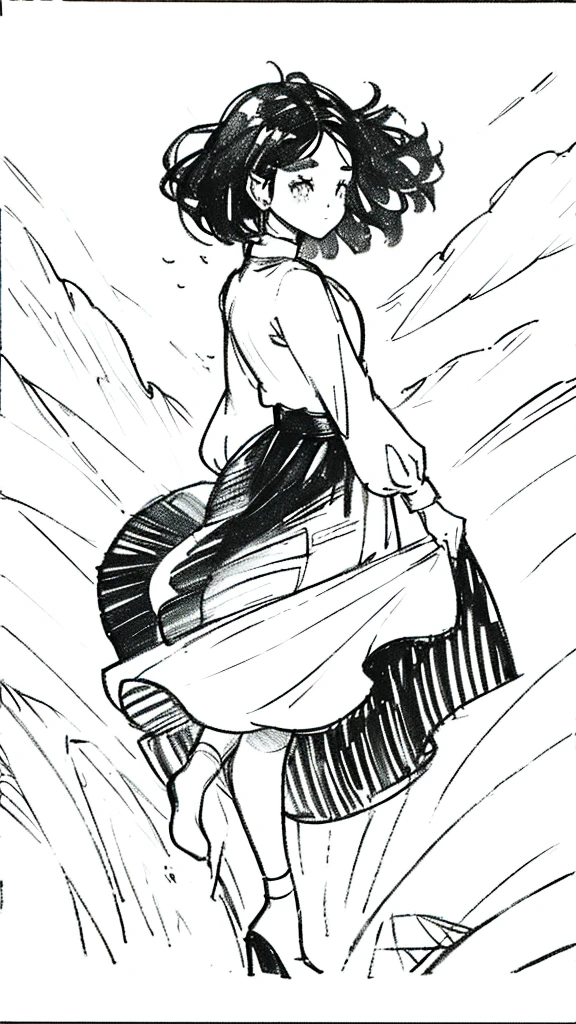 One Girl,Line art,Monochrome,sketch,Pencil drawing,Traditional Media,One Girl, skirt,Cute Teenage Girls, ,Beautiful portrait、Delicate body、Black Hair、Black Hair,landscape