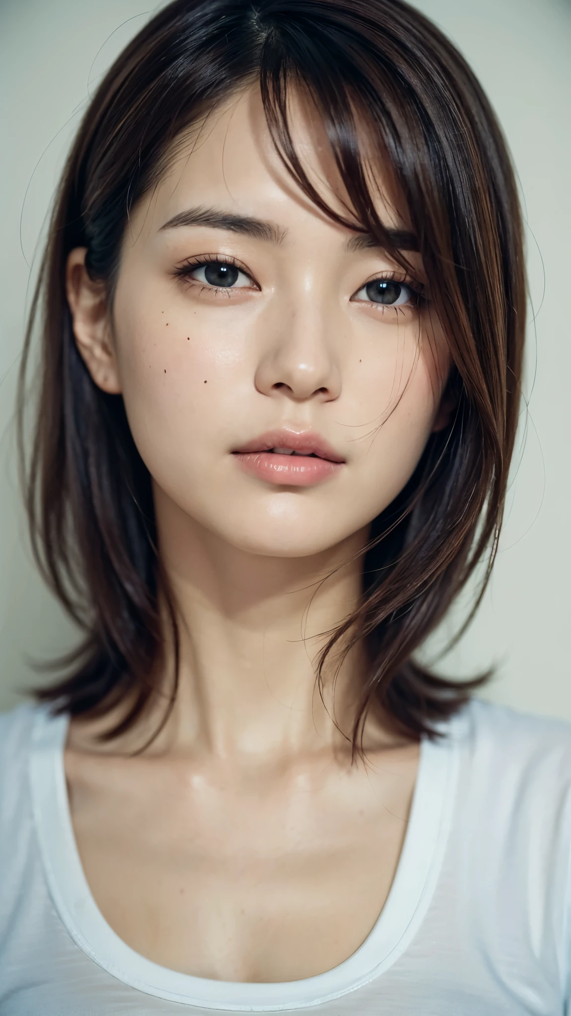 (masterpiece),(Highest quality:1.2),(Very detailed:1.2),(High resolution),(Photorealistic Stick),(RAW Photos),8K,Backlight,(Written boundary depth),(Sophisticated lighting:1.1), (Improving the lighting quality of movies:0.9),Dressed Woman,Soft portrait photography,Beautiful Japanese Woman,Gorgeous face portrait,(Eye light,Sharp pupils,Detailed eye drawing,)Very beautiful face,(Detailed skin texture:1.3),(Beautiful portrait:1.2),A lovely and delicate face,Beautiful young Japanese woman,Short Bob,Look here,High angle,(pov shot),(sleepy),Face close-up, T-Shirts,((Bedhead))
