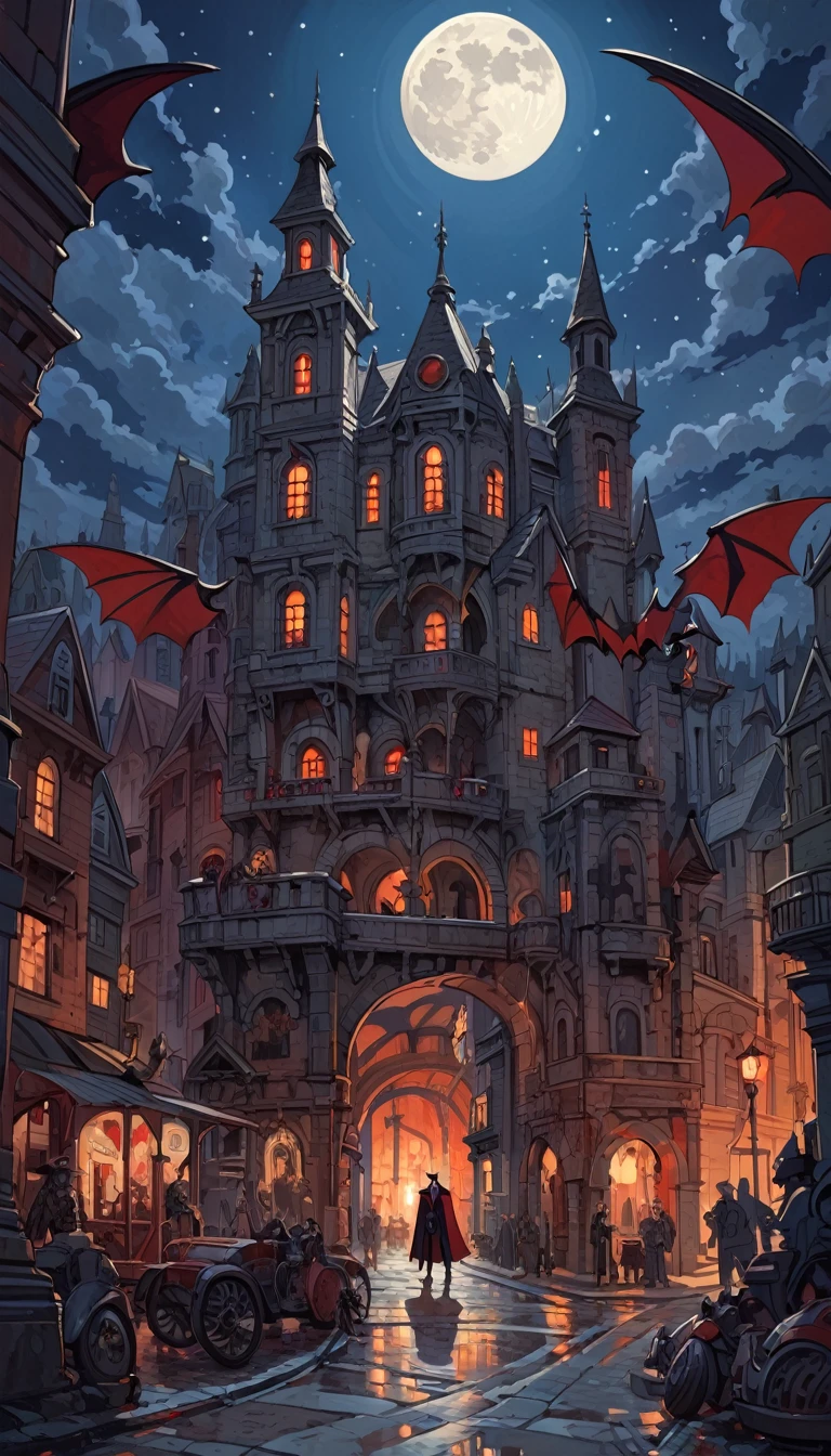 vampire city:1.5, night, stars, moon, lots of details(Mike Mignola inspired art, intricate details, oil painting)


