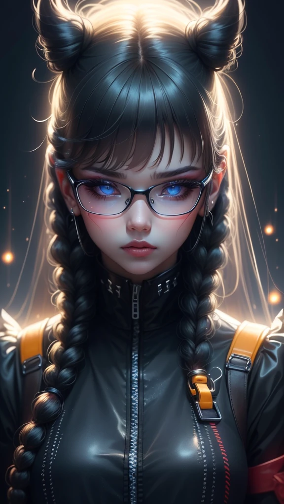 1 girl, black hair, glasses, cyberpunk, solo, high waist, sexy appearance, masterpiece, best quality, (best quality, 4k, 8k, highres, masterpiece:1.2), ultra-detailed, (realistic, photorealistic, photo-realistic:1.37), HDR, UHD, studio lighting, ultra-fine painting, sharp focus, physically-based rendering, extreme detail description, professional, vivid colors, bokeh,