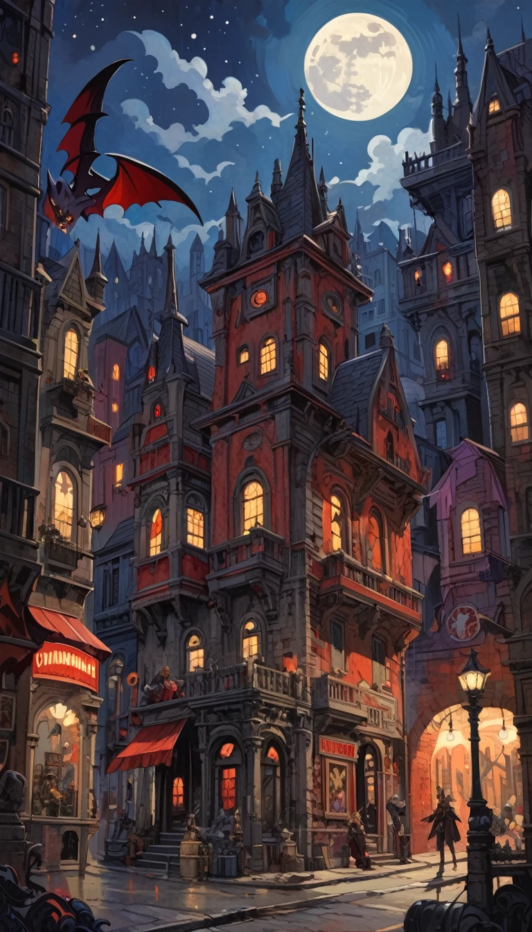 vampire city:1.5, night, stars, moon, lots of details(Mike Mignola inspired art, intricate details, oil painting)


