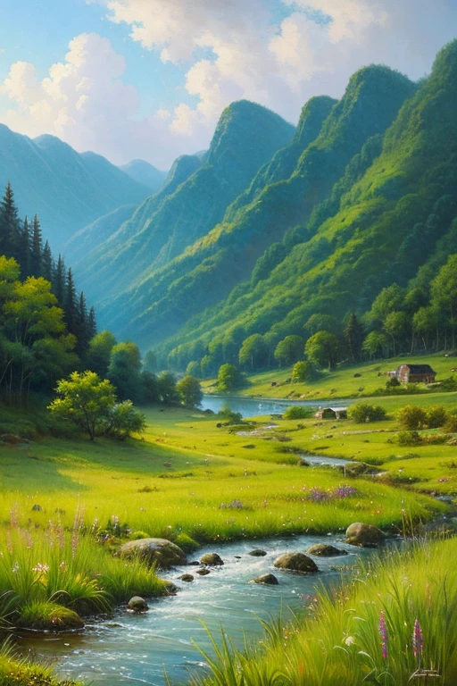 Highest quality、Landscape painting、rain、nature、Mountain、forest、river