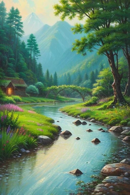Highest quality、Landscape painting、rain、nature、Mountain、forest、river