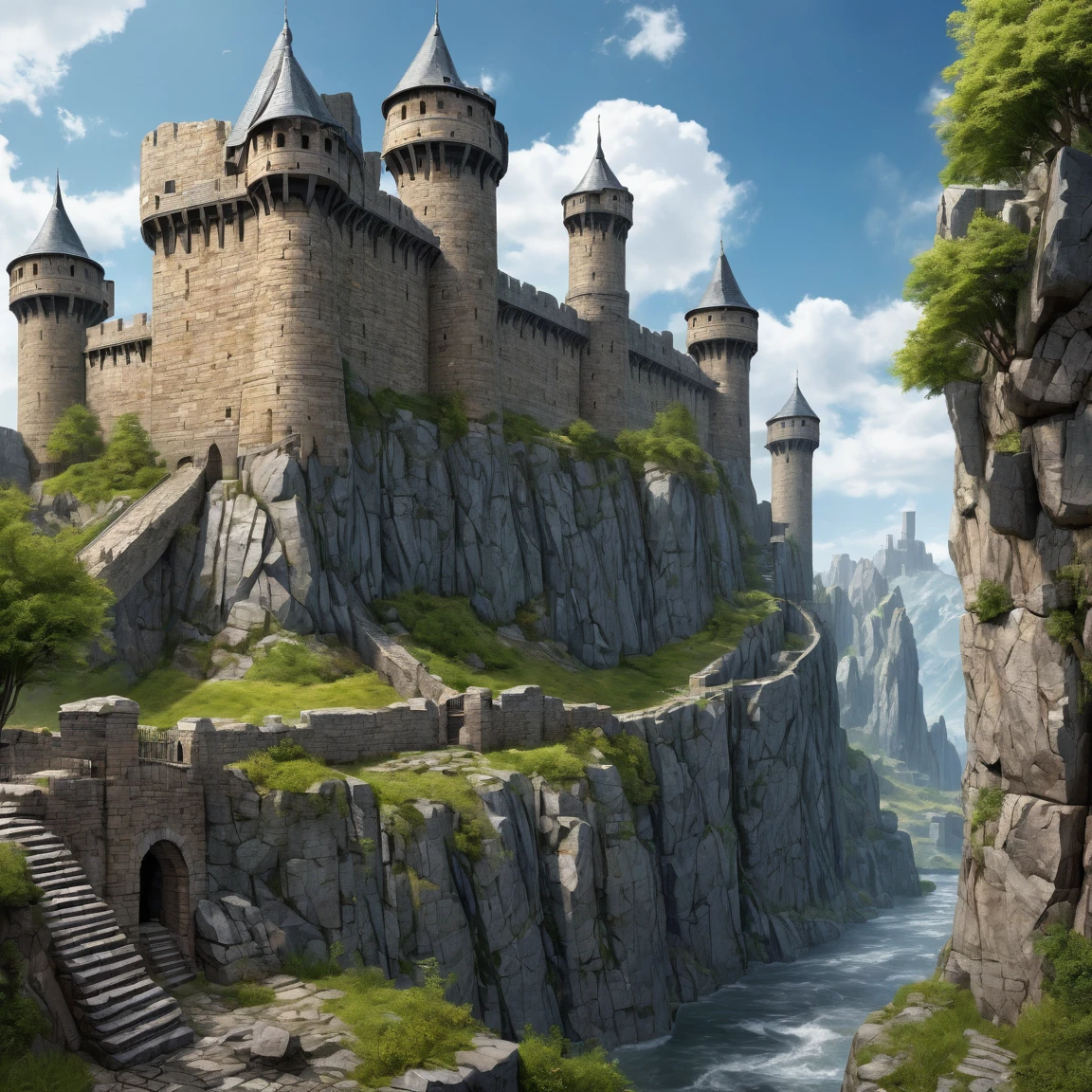 (best quality)), ((masterpiece)), ((realistic,digital art)), (super detailed), gigantic gneiss fortress in a walled city, very important fortifications, (gigantic, very slender towers), (medieval fantasy style), seen from the ground