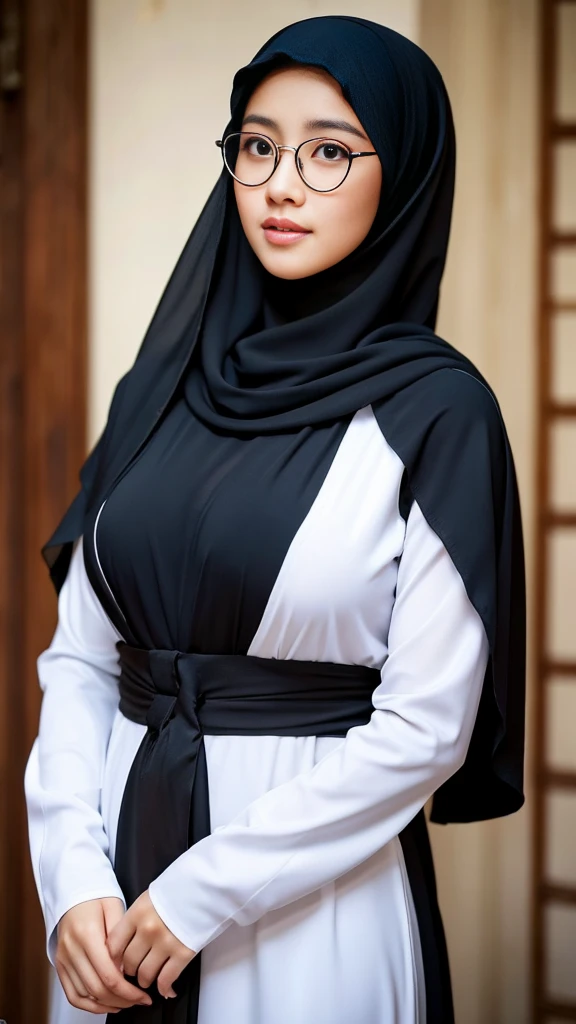 A very beautiful Asian woman wearing a long black hijab with big breast wearing gamis with Round glasses