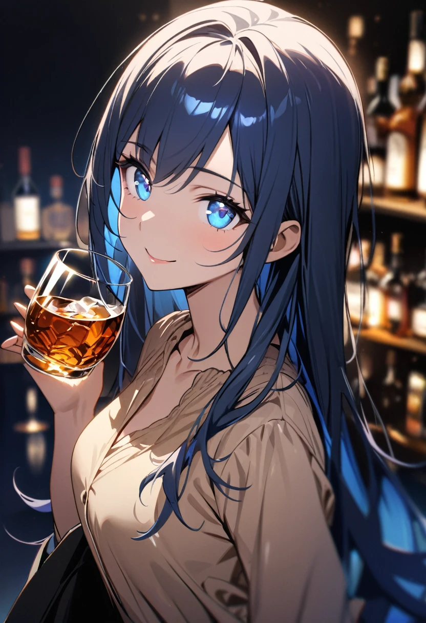 (masterpiece), (best quality), (sharp focus), (depth of field), (female): solo, (perfect face), (detailed outfit), (),(smile), beautiful female,blue eyes, whole body,blue hair, long hair,(((((background of night view))))), (((suit))), wine, whisky, highball, (((((beige blouse))))),(shiny luminous, effects:1.2)