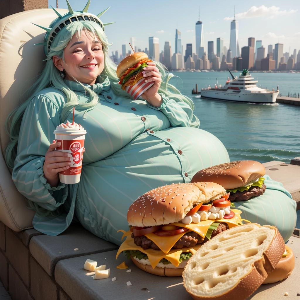 A very fat and unattractive old lady, the Statue of Liberty A big smile Lying down Eating a hamburger There are 10,000 hamburgers In the heart of New York Sparkling