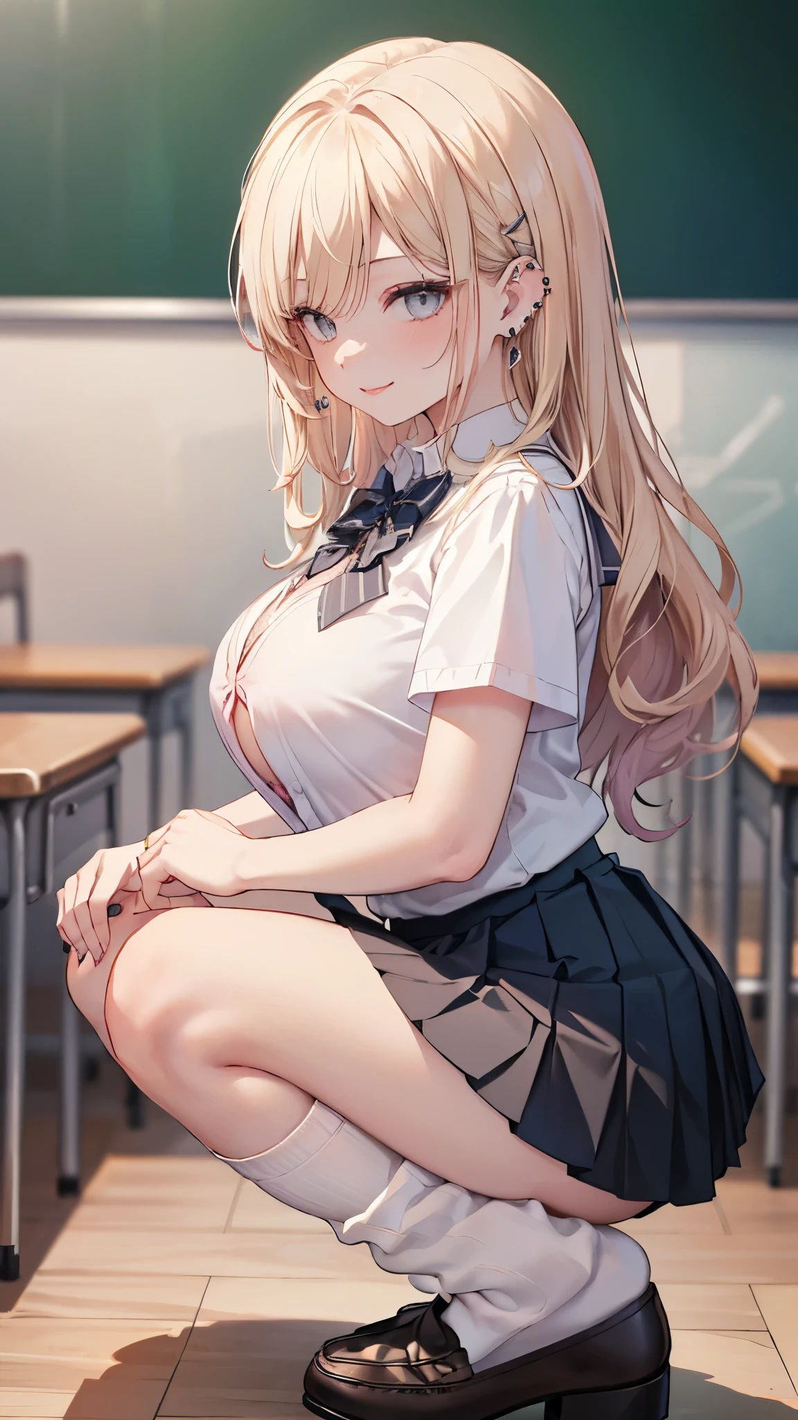 ((masterpiece、Highest quality、Very detailed))、One Girl、Blonde、Long Hair、Wavy Hair、Grey Eyes、evil smile、Pink Lips、((lots of piercings))、Large Breasts、((White shirt))、A bow tie、Rolled up sleeves、((Black pleated skirt))、((Miniskirt))、((white buggysocks))、loafers、squatting、Shoot from the side、Classroom Background