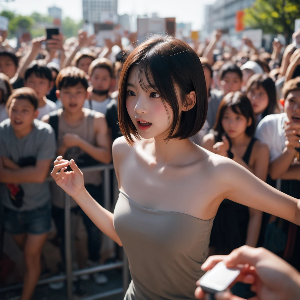 Highest quality、super beautiful、In the crowd, a , naked girl with short bob hair1Only people、She left a crowd of angry men1It needs to be filled with people。Photorealistic、masterpiece images,