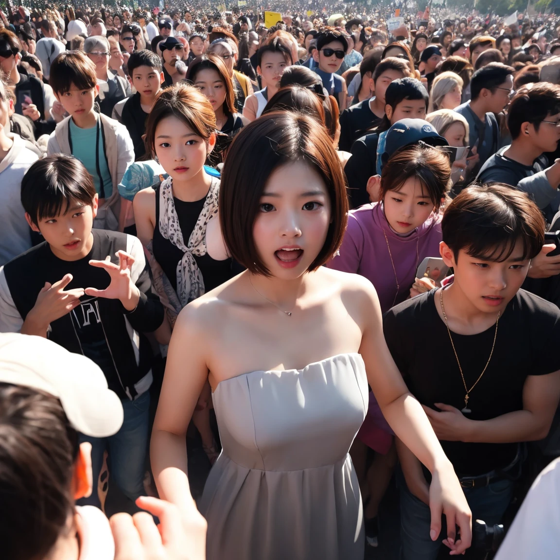 Highest quality、super beautiful、In the crowd, a , naked girl with short bob hair1Only people、She left a crowd of angry men1It needs to be filled with people。Photorealistic、masterpiece images,