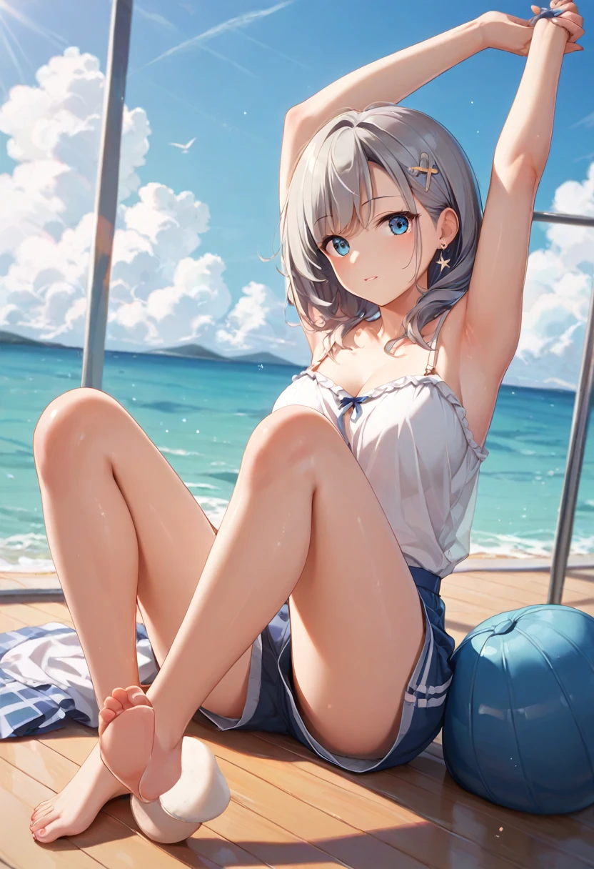 One Girl、Highest quality、masterpiece、A thin tower stretching high into the sky、Cylindrical tower、sea of clouds、blue sky、Sitting cross-legged、Hair blowing in the wind、Gray Hair、Girl staring into the distance、White clothes、barefoot、Full body angle、sea of clouds