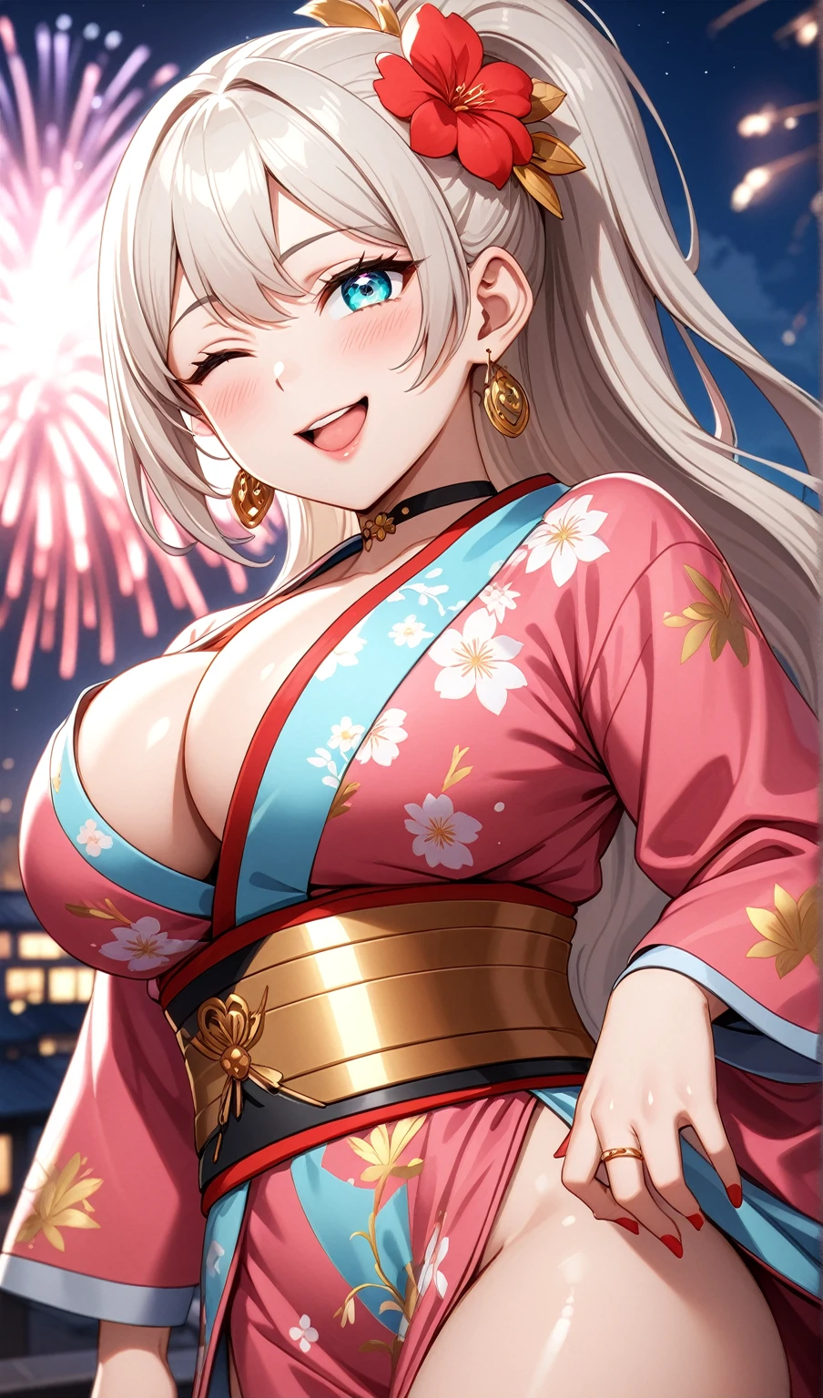 ((One personの女性)), Beautiful Face, head tilt, ((laugh)),((Wink:2.0)),((Touch your lips)), Laugh with your mouth wide open,((Bright red cheeks:1.4)),Shiny red lips,night,rooftop,You can see the ocean, firework,Laughing with your mouth open,Glossy pink lips,Facial lighting,((Anime style background)),masterpiece, Highest quality, so beautiful,up to date, Complex details, (Pink long nails),(4fingers and 1thumbs), (ring),(bracelet),(choker),AI-generated, Complex,High resolution, Highest quality, super high quality,3D Images、3D Images,One person,Long blonde hair,High Ponytail,(Turquoise Eyes),Anime woman posing for a photo, ((Fine grain、Colorful eyes on white、Shining Eyes:1.3)),(Squint your eyes:1.1),a hyperRealistic , hyperRealistic , Realistic,Anime woman with long white hair, Smooth anime CG art, A woman in a colorful kimono with gold embroidery, (Pink long sleeve kimono),Red floral pattern,Long flower hair ornament,Earrings,Mature Body,(Big Breasts:1.1),expensive,Abdominal muscles,Tight waist,(Zoom up to face:1.7),Shooting from diagonally below