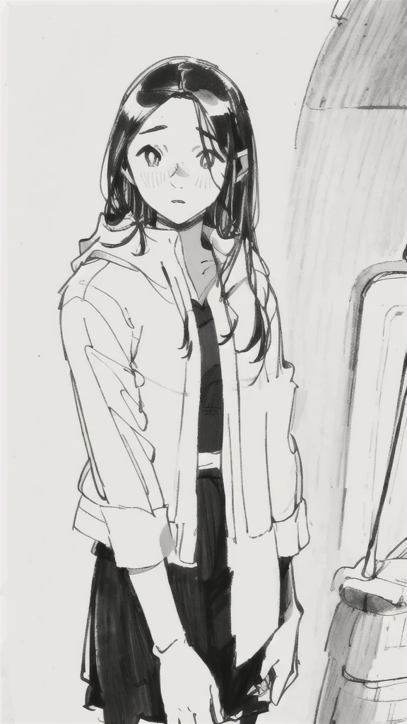 One Girl,Line art,Monochrome,sketch,Pencil drawing,Traditional Media,One Girl, skirt,Cute Teenage Girls, ,Beautiful portrait、Delicate body、Black Hair、Black Hair,landscape