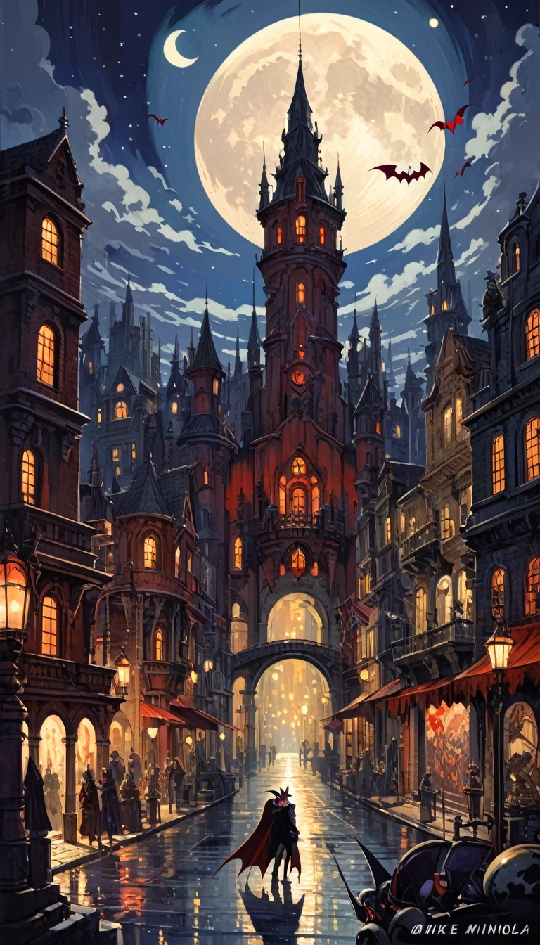 vampire city:1.5, night, stars, moon, lots of details(Mike Mignola inspired art, intricate details, oil painting)
