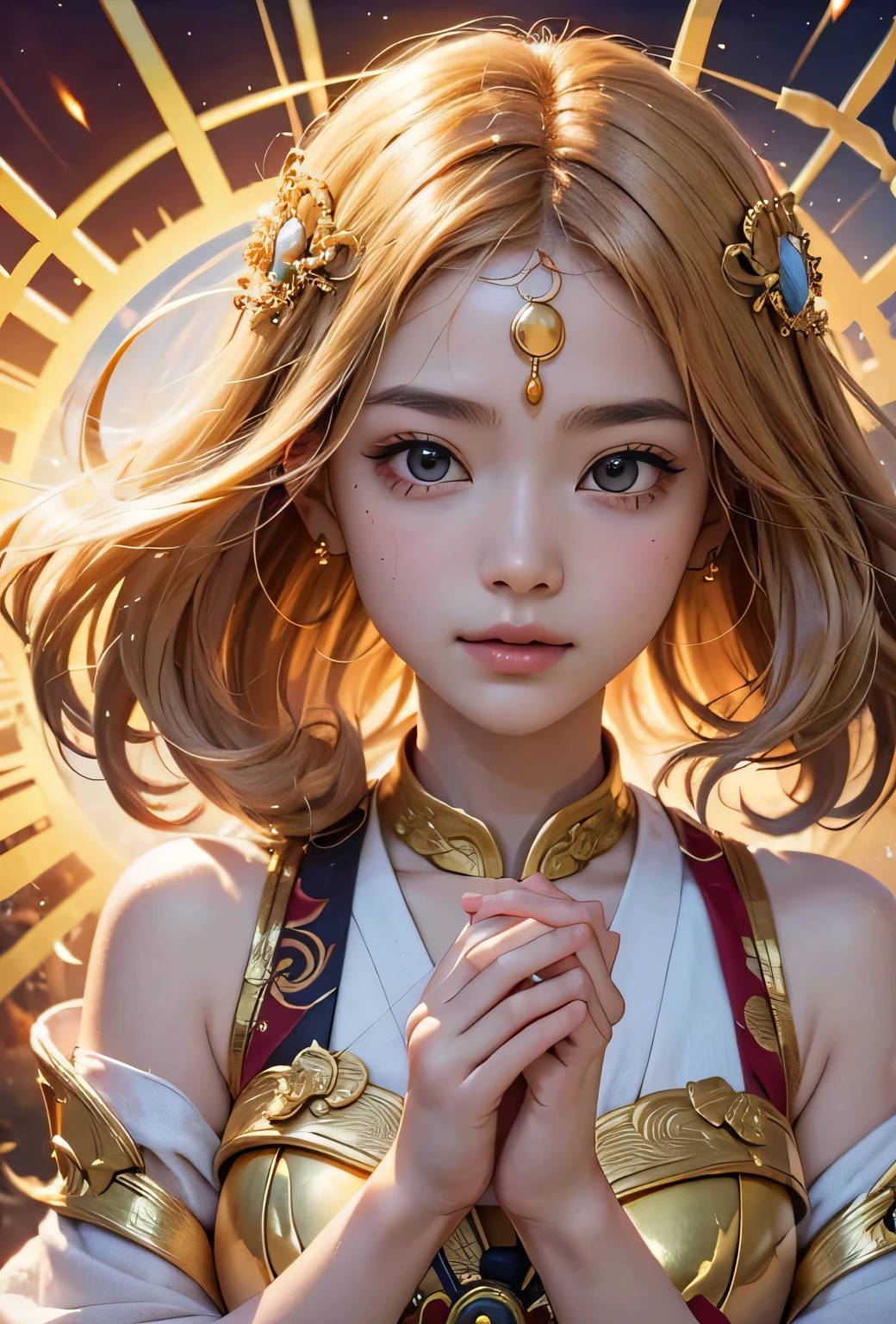 "Child of the Sun, Goddess of Love": Within a sacred sanctuary bathed in sunlight, depict the figure of a sun goddess who governs love, facing forward and emanating divine radiance. She is a , around 3 years old. Zoom in to focus on her face, with a gleaming orb of light in her hands, representing the life-giving power of the sun. Her hair is shimmering gold, and she is wearing a traditional miko outfit as seen in Japanese shrines. The background should be predominantly gold, evoking a sense of divine splendor, with numerous heart-themed objects expressing the beauty of love. The setting is in heaven, enveloped in soft, bright light, where one can find tranquility and peace of mind, free from any trace of anxiety.