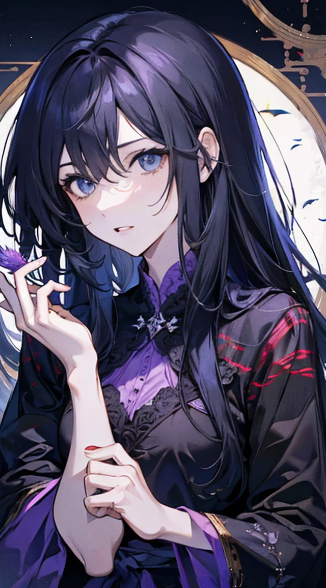 （（Best quality））， （（masterpiece）），（（Practical）），（detailed）（whole body照片：1.5），(masterpiece, best quality, illustration), 1 , 1 Adult male，26 years old，Black long hair，Royal sister，enchanting，flirtatious，Male and female，Tall，Man who looks like a woman，A face like a woman，Female beauty，emaciated，披散的Black long hair，Flowing long hair，Crazy expression，Scarlet eyes flashing red light，Purple Eyeshadow,Black purple robe (Robe decorated with crow feathers),It&#39;s a waist-baring tights inside，宽大的antiquity袍子，The robe is embroidered with a black python , whole body, (Fighting action poses),whole body的图片，whole body 身材匀称，No Expression，Easy，Lazy posture (Magic Effects: 1.3), (Flowing clothing: 1.2)，China风，Xian Xia，极其detailed，Highest quality，8K，Highest definition，antiquity，Magic Cultivator，The Grandmaster of Demonic Cultivation，antiquityXian Xia，China，antiquityChina，Robe corset，Martial Arts，Xian Xia，Fantasy style，antiquity玄幻，antiquity长袍