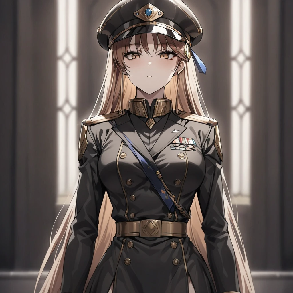 ((Highest quality)), ((masterpiece)), (detailed), (Perfect Face)、The woman is Princess Leona, with light brown, medium-long hair, wearing a black military uniform and a military cap, and standing upright with good posture.、Women are brainwashed, expressionless, and have no highlights in their eyes