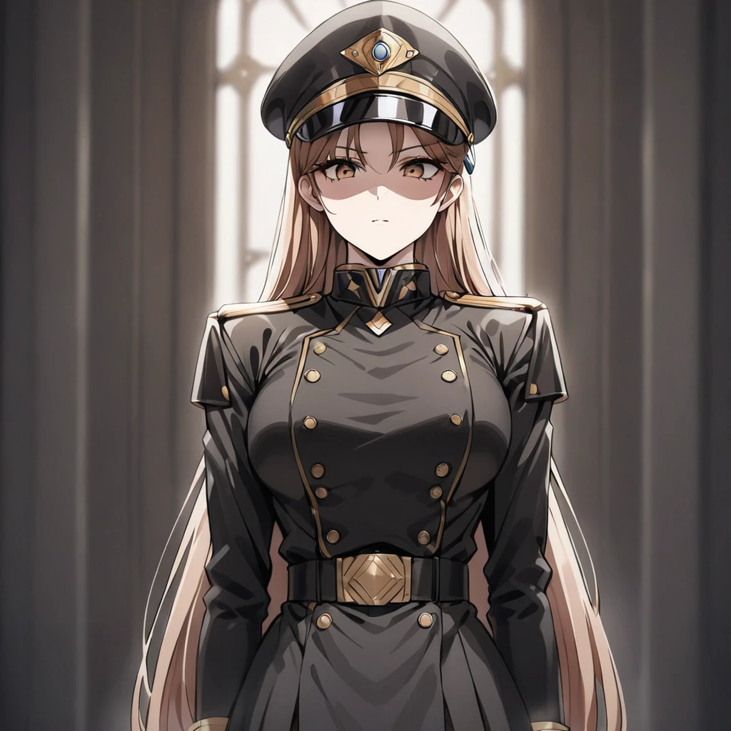 ((Highest quality)), ((masterpiece)), (detailed), (Perfect Face)、The woman is Princess Leona, with light brown, medium-long hair, wearing a black military uniform and a military cap, and standing upright with good posture.、Women are brainwashed, expressionless, and have no highlights in their eyes